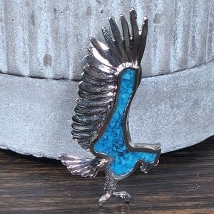 Native American Style Eagle Turquoise Inlay Pin Brooch Sterling Silver Tone